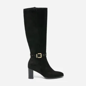 Botte noire en cuir velours à bride cloutée - Bottes Femme | ERAM