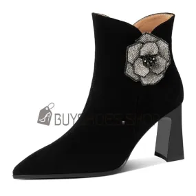 Fourrees Boots Femme Bottines Cuir Talon Epais Suede Talon Carré Fleurs Talon Haut 8 cm Fermeture Éclair Ceremonie Moderne Habil