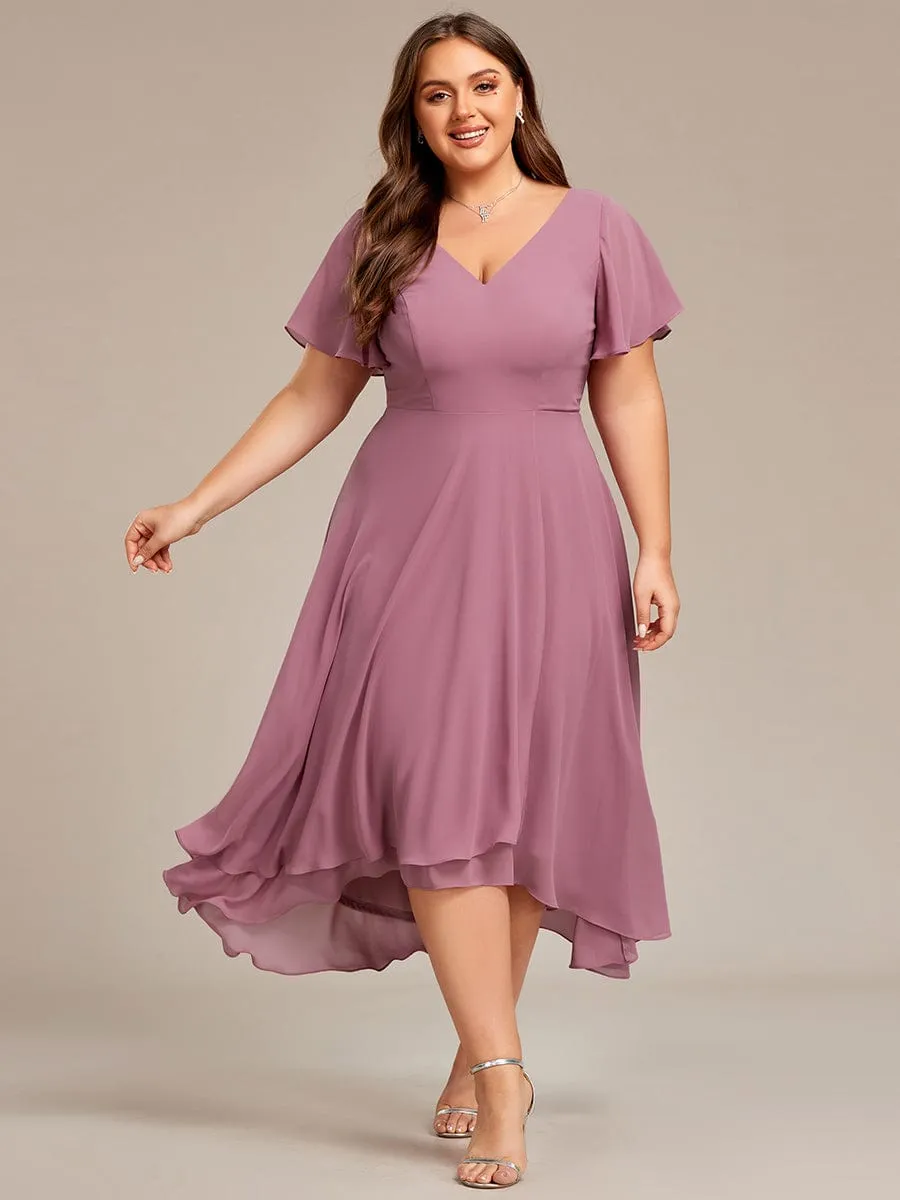 Robe d'invité de mariage en mousseline de soie grande taille avec col en V et manches à volants