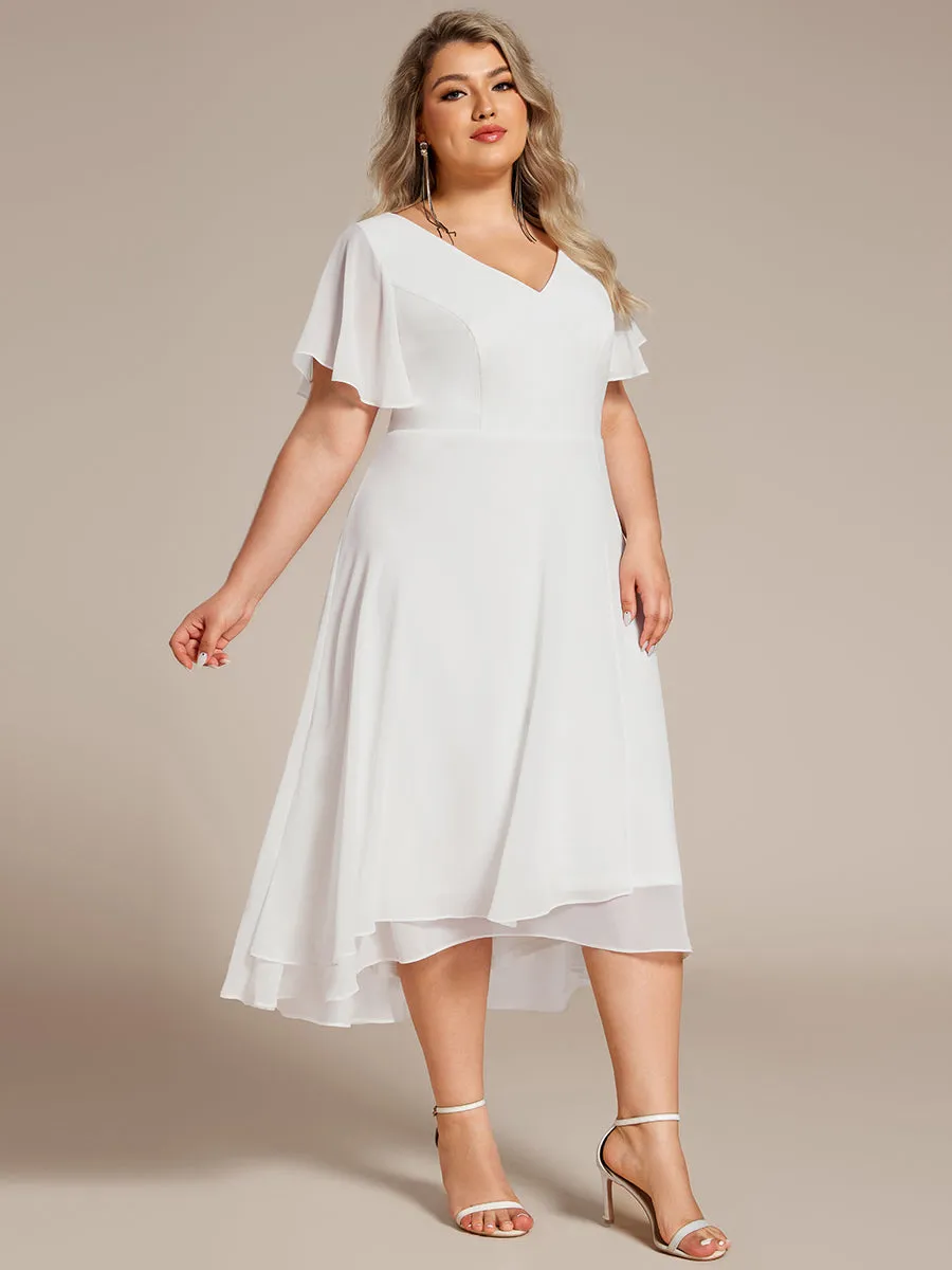 Robe d'invité de mariage en mousseline de soie grande taille avec col en V et manches à volants