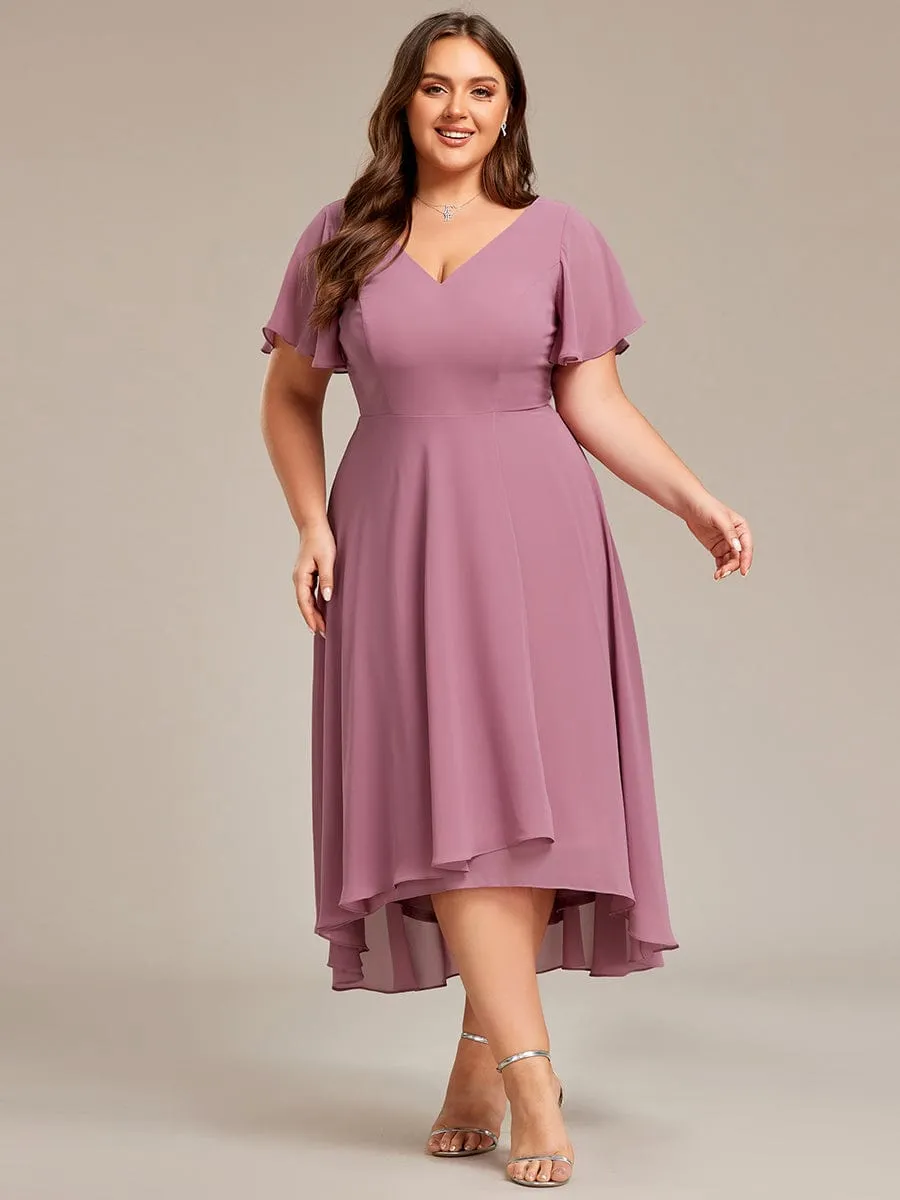 Robe d'invité de mariage en mousseline de soie grande taille avec col en V et manches à volants