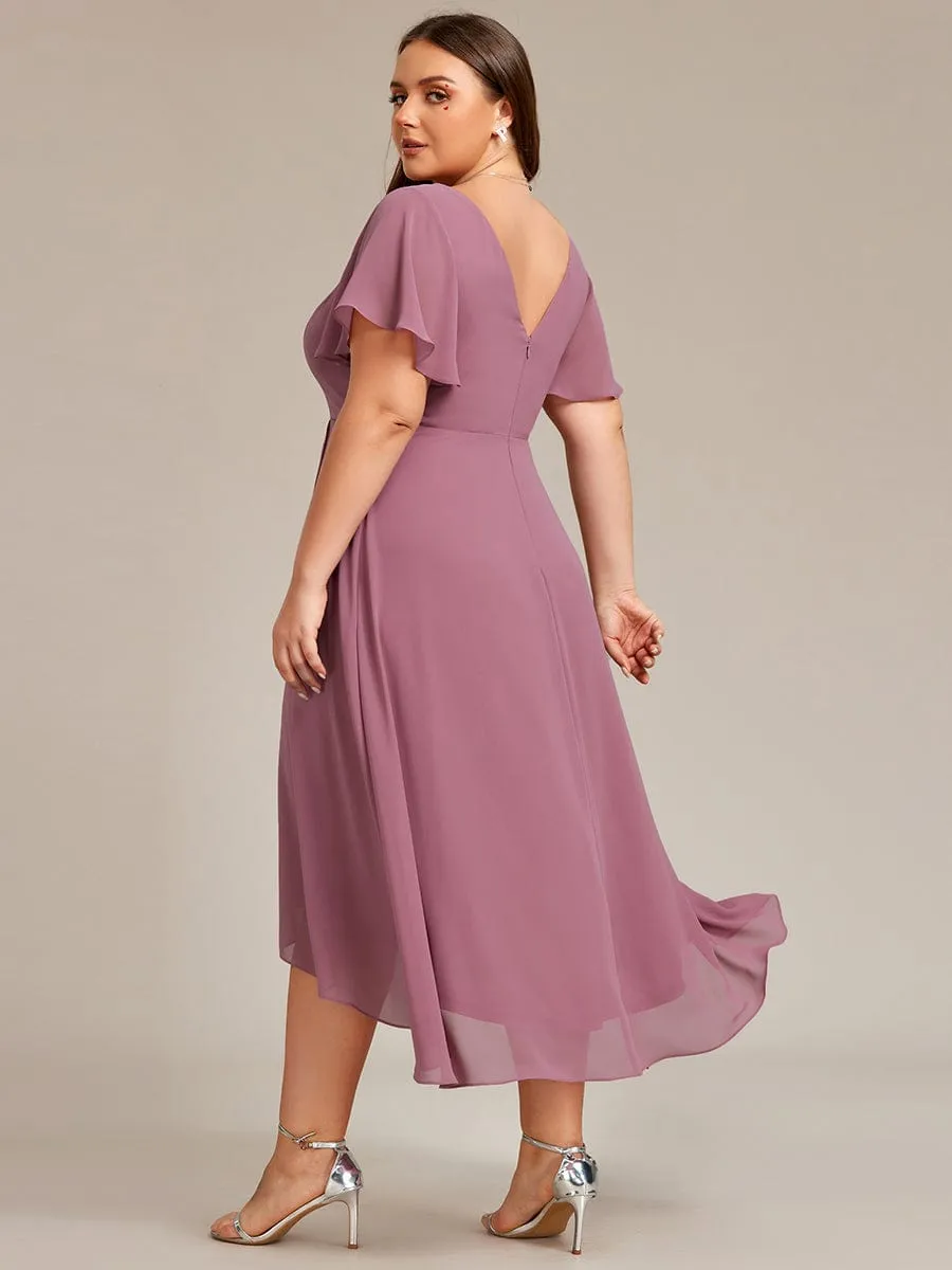 Robe d'invité de mariage en mousseline de soie grande taille avec col en V et manches à volants