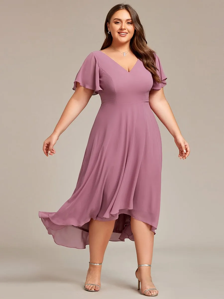 Robe d'invité de mariage en mousseline de soie grande taille avec col en V et manches à volants